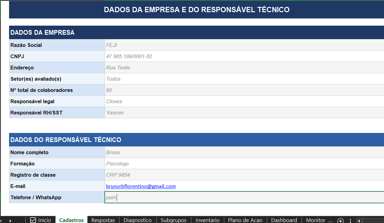 Aba Cadastros — Diagnóstico Integrado NR-01